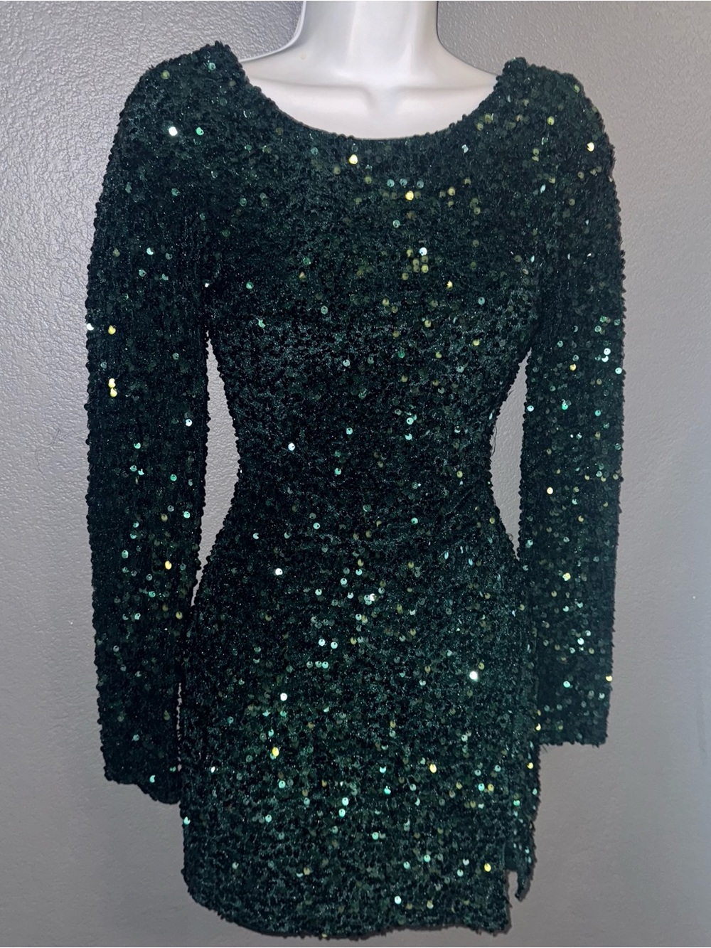 Crystal Sky Emerald Green Sequin Long Sleeve Mini Party Dress Womens Small